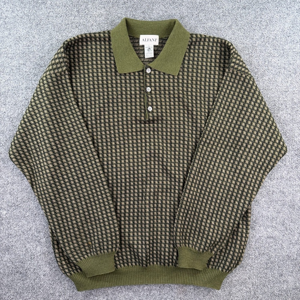 Vintage Alfani Polo Sweater Mens L Green Geometric Knit 100% Wool Made in Italy